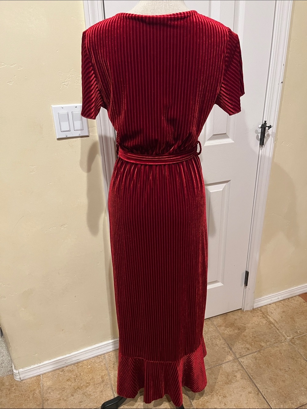 Simplee Apparel Cranberry Red Velvet Wrap Maxi Dress - Picture 6 of 7